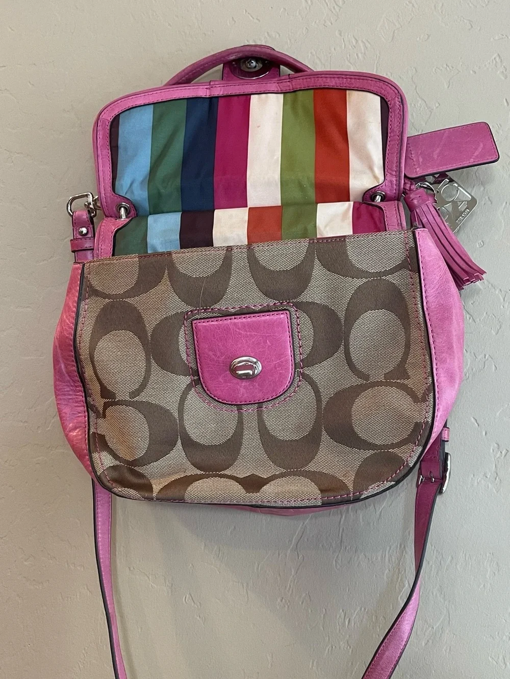 Coach Pink 70th anniversary Signature Canvas leather Crossbody Stripe Lining